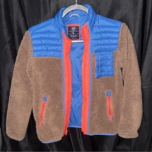 GAP Kids Blue and Brown Puffer Jacket with Red Zipper